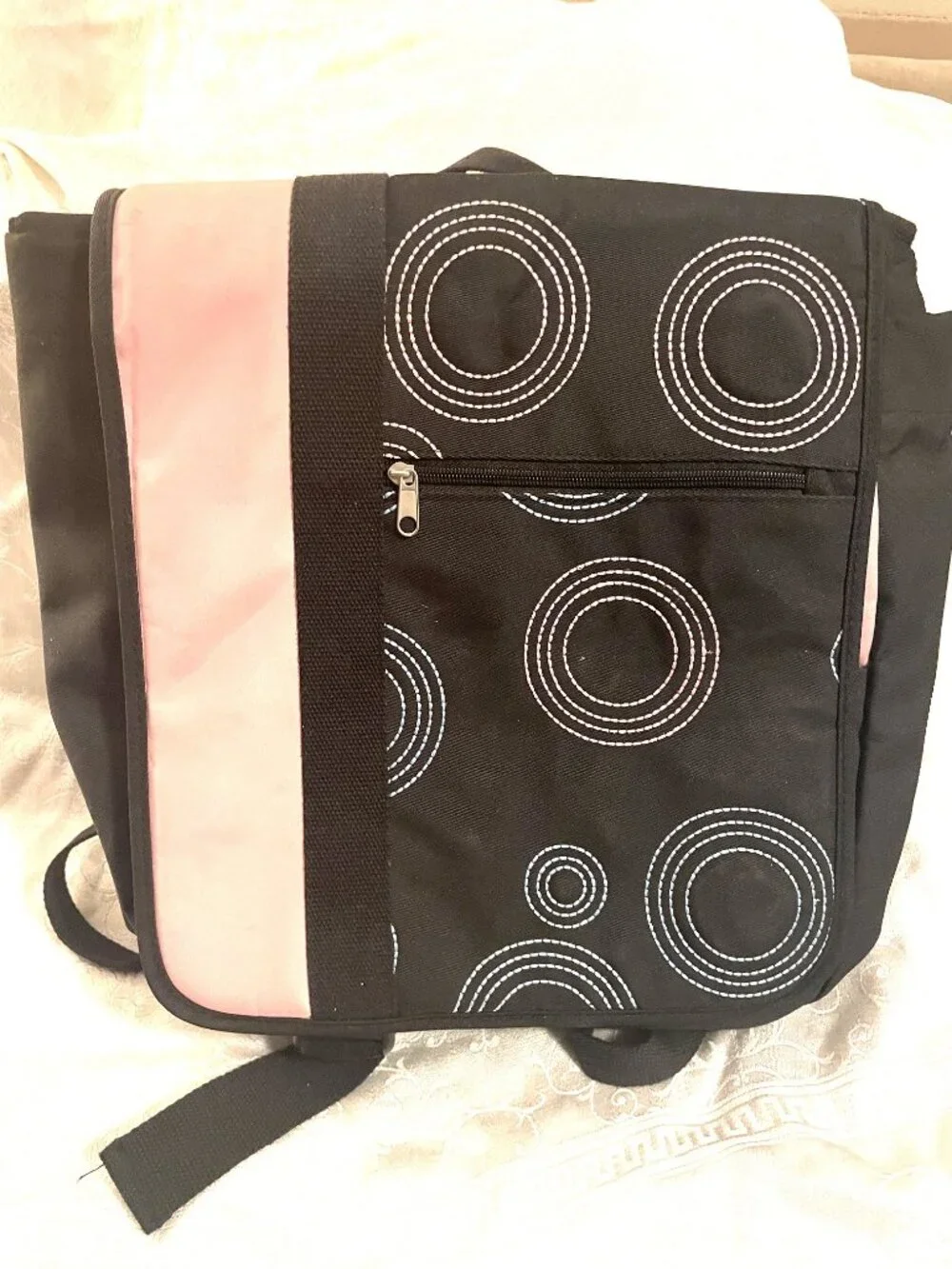 Nunzia Diaper Bag Faille Black and Pink Circle Stitches Convertible Crossbody